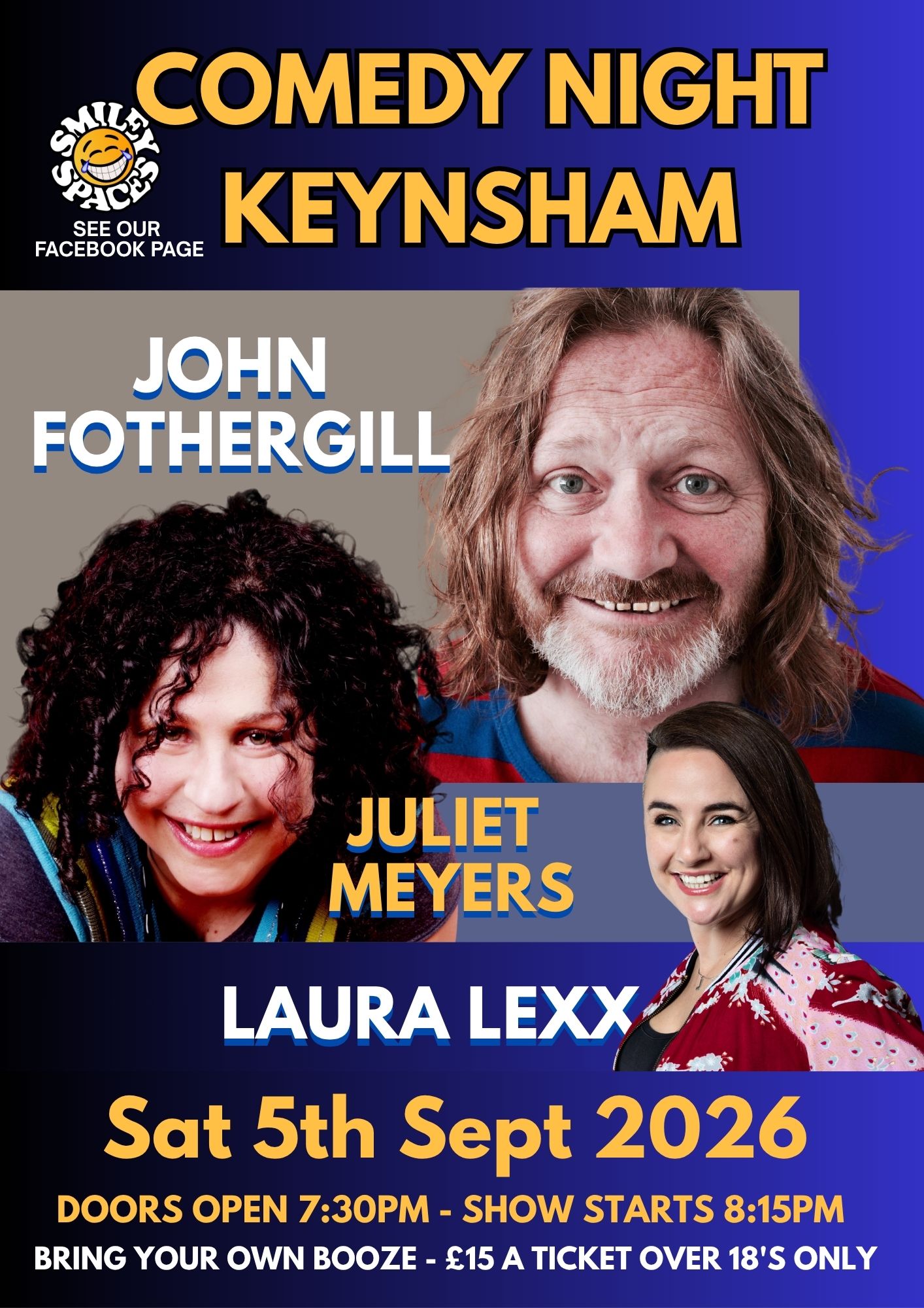 Smiley Spaces comedy night, Keynsham, Saturday 5 September 2026 — Laura Lexx, Juliet Meyers, John Fothergill