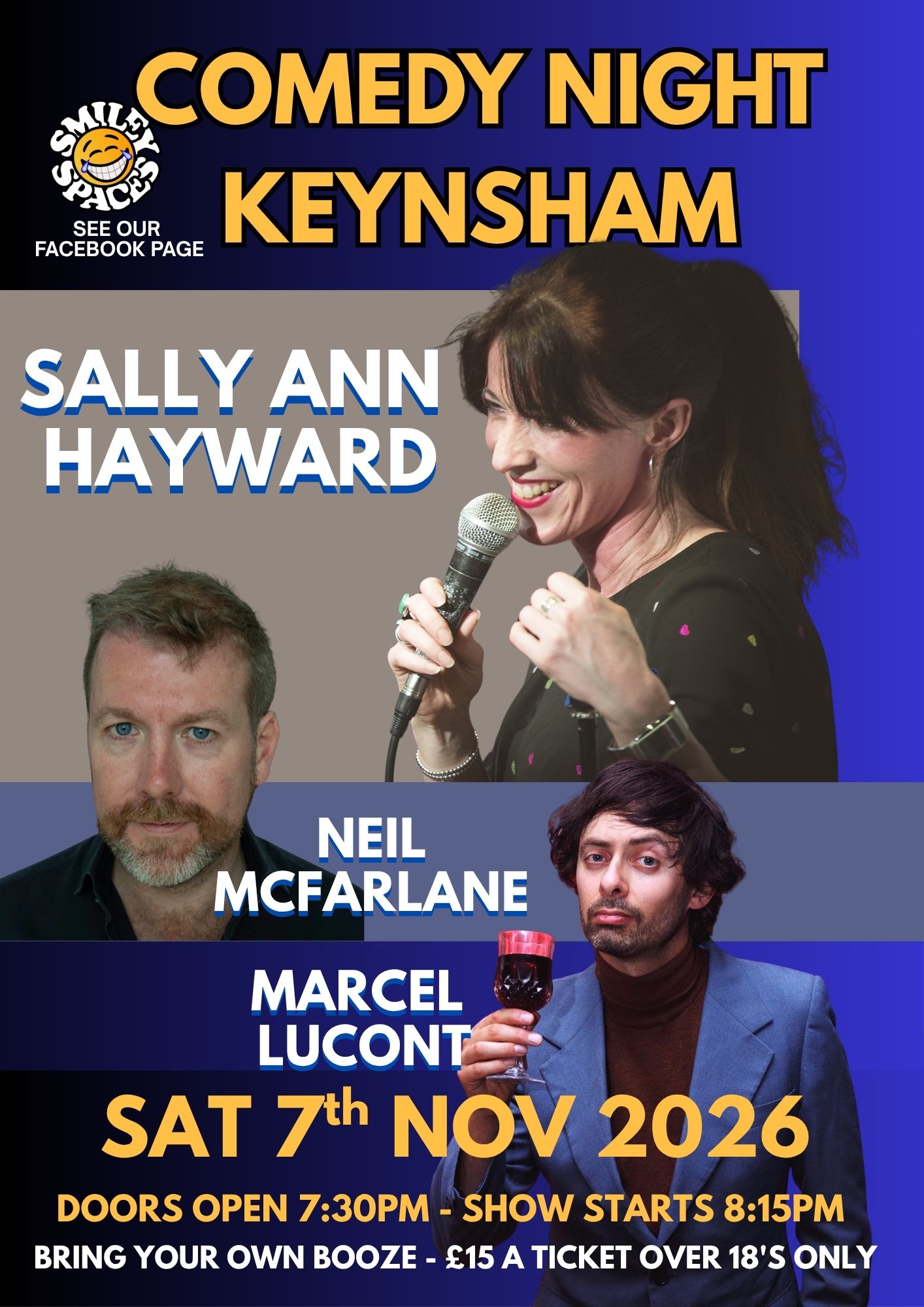 Smiley Spaces comedy night, Keynsham, Saturday 7 November 2026 — Marcel Lucont, Neil McFarlane, Sally Ann Hayward