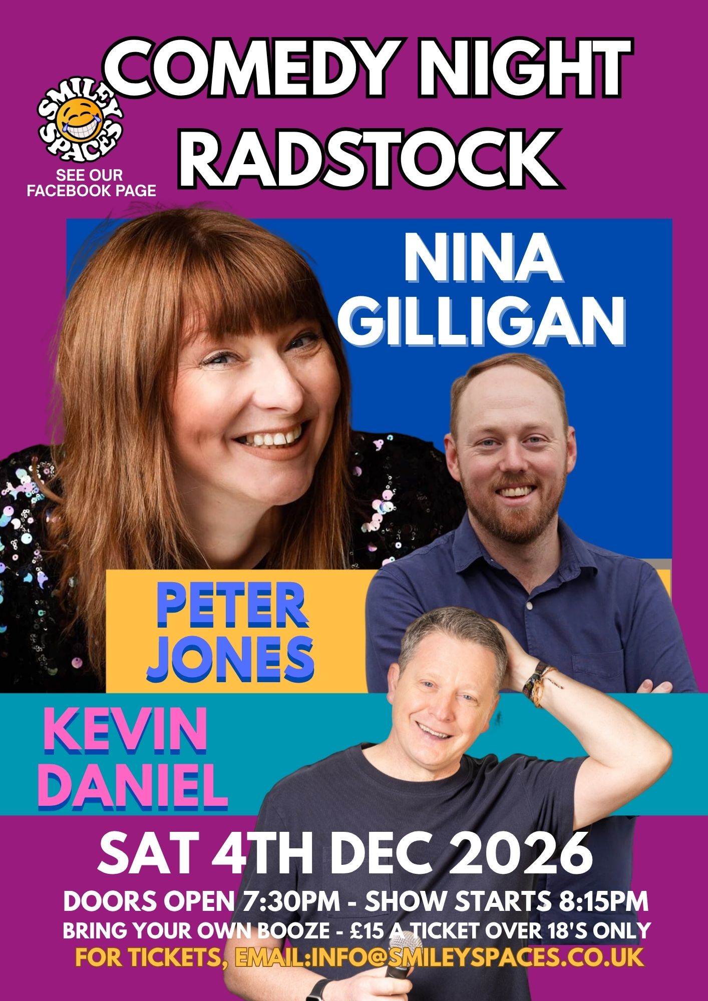 Smiley Spaces comedy night, Radstock, Friday 4 December 2026 — Peter Jones, Kevin Daniel, Nina Gilligan