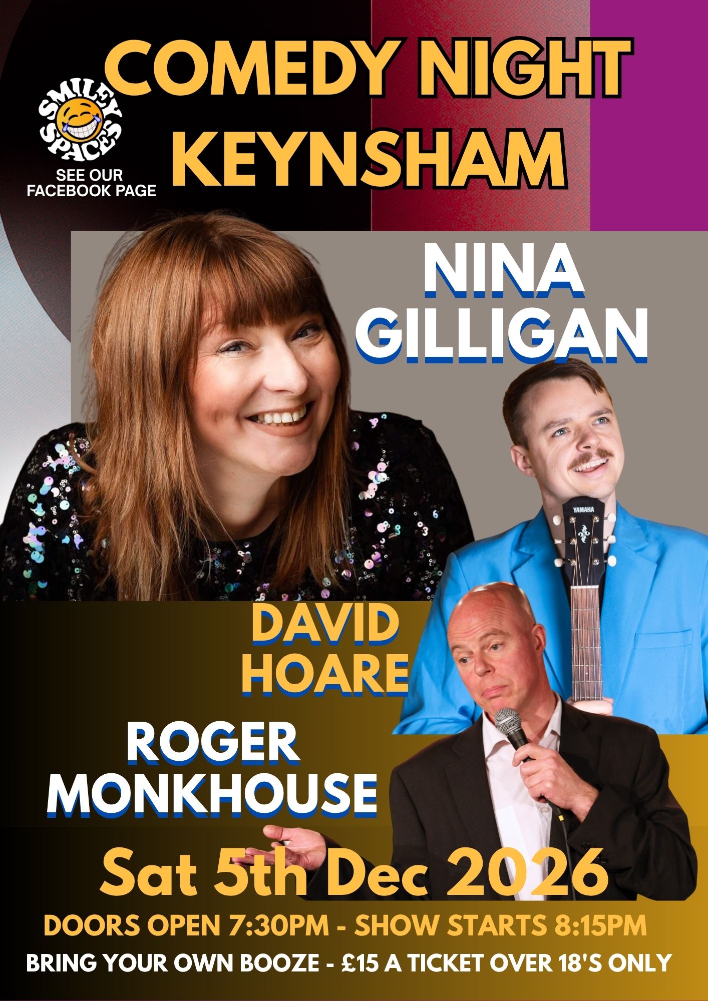 Smiley Spaces comedy night, Keynsham, Saturday 5 December 2026 — Roger Monkhouse, David Hoare, Nina Gilligan